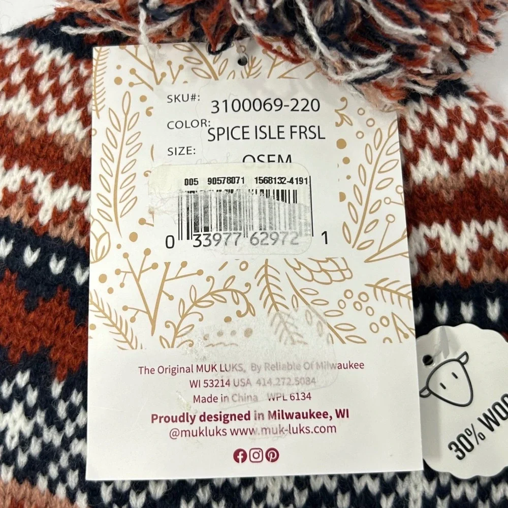 Muk Luks Womens Fair Isle Beanie Spice Isle Wool Blend Pom Pom Hat Winter Tossle
